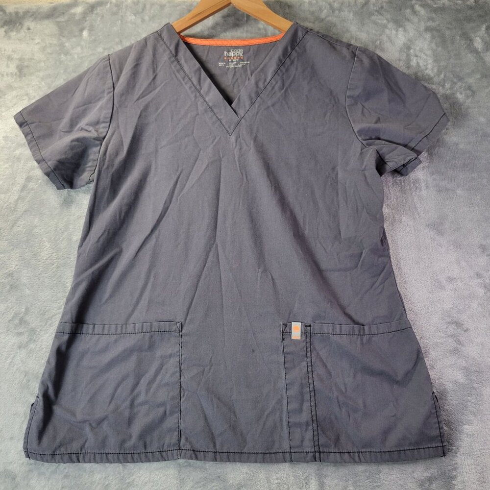 Code Happy Womens M Scrub Top Gray Short Sleeve Pockets Workwear Nursing Medical